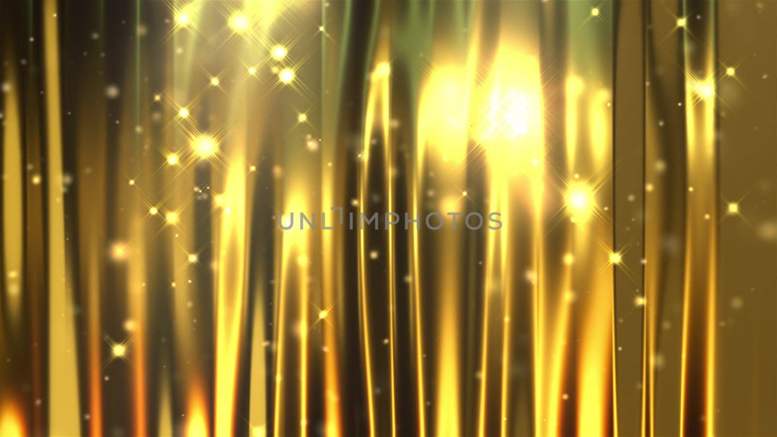 Gold curtain and sparkles, computer generated. 3d rendering of luxury art backdrop