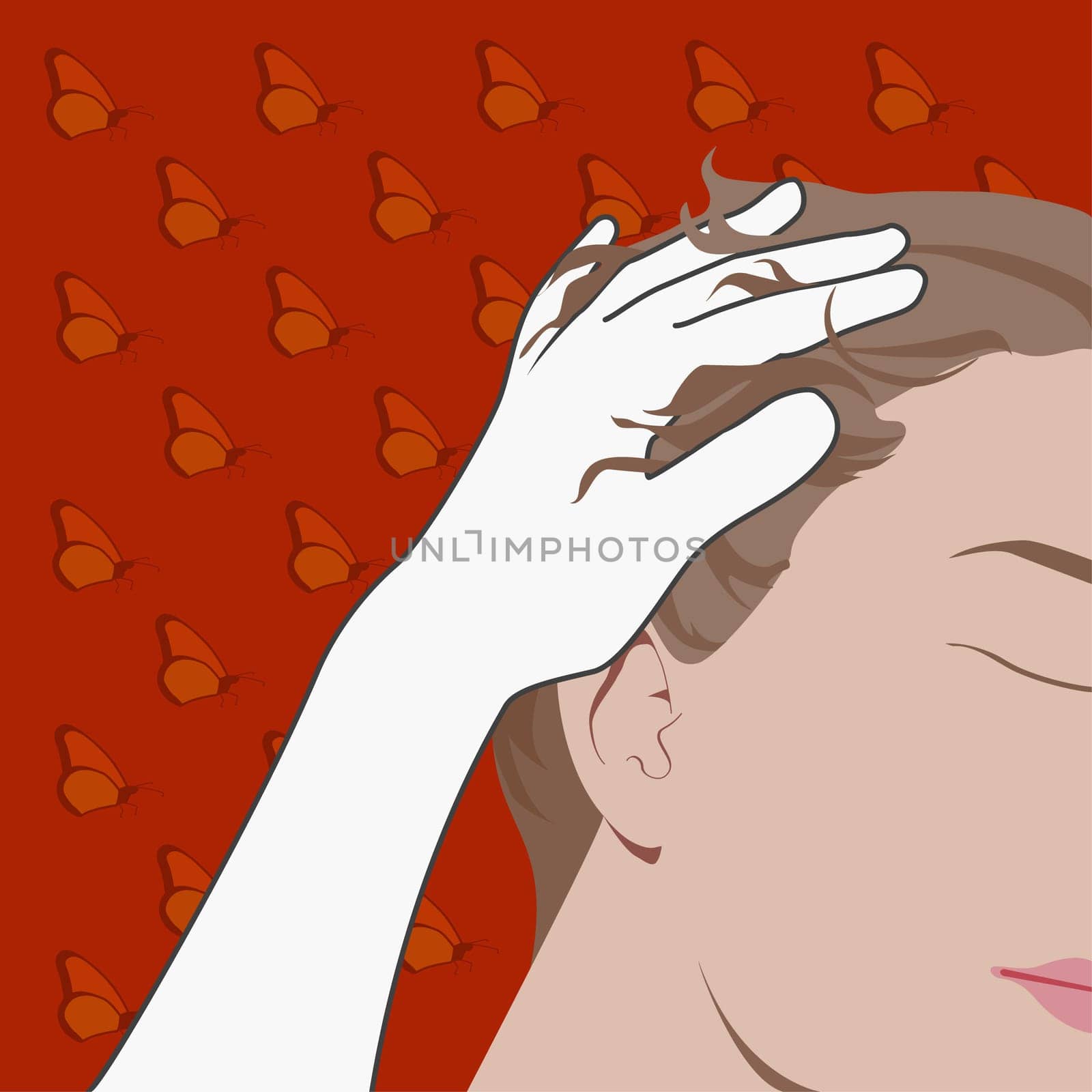 Person's hand on a young man's head