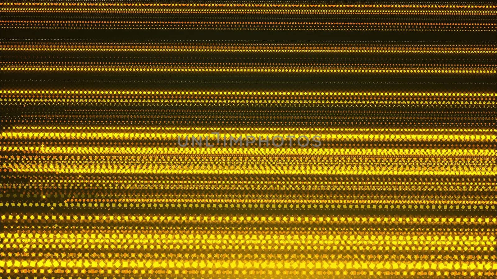 Diagonal beams of golden square particles, computer generated. 3d rendering abstract backdrop