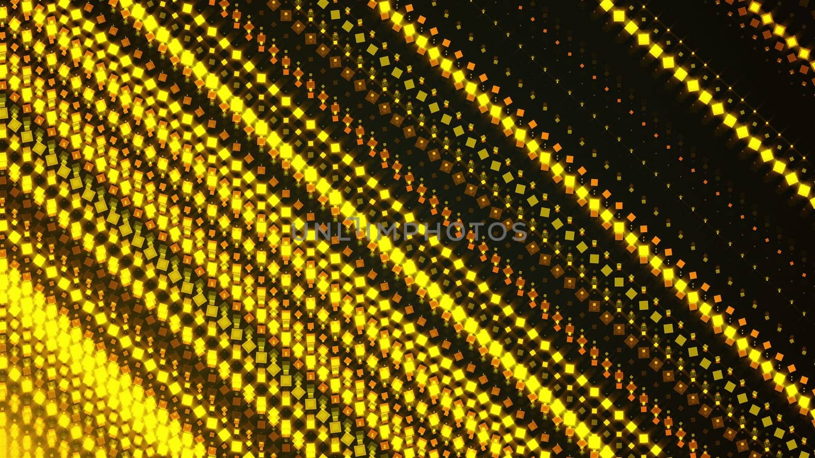 Diagonal beams of golden square particles, computer generated. 3d rendering abstract backdrop