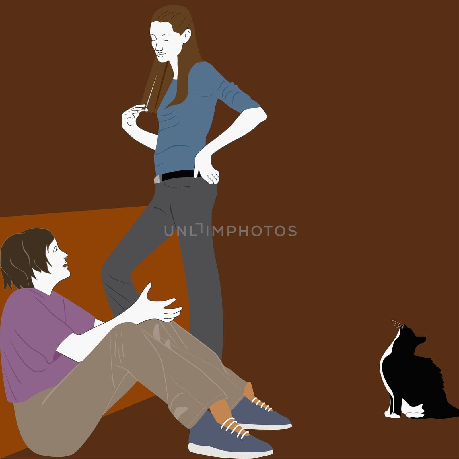 Two young women talking with a cat beside them