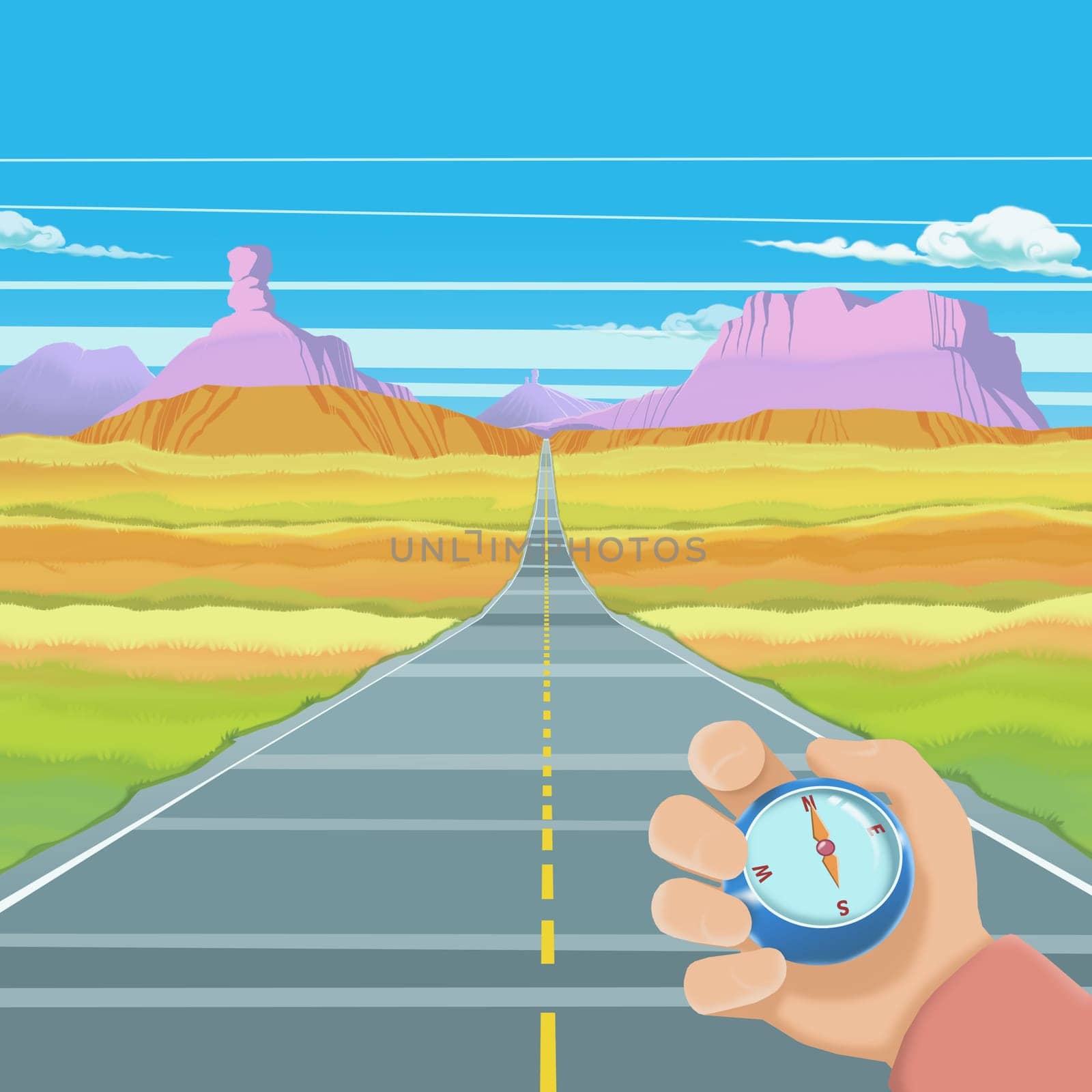 Hand holding a compass over a two lane highway