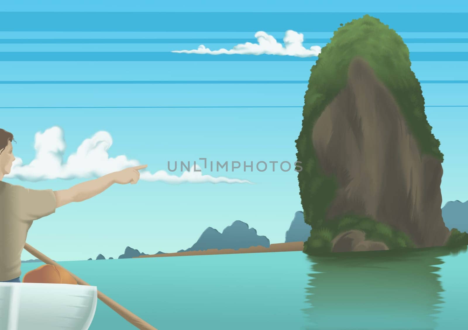 Young man boating and pointing to a rock