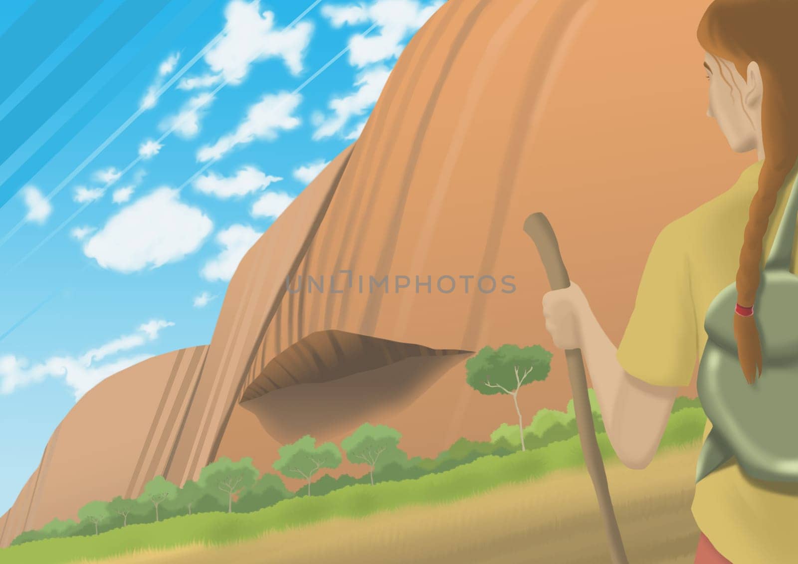 Rear view of a girl holding a wooden stick