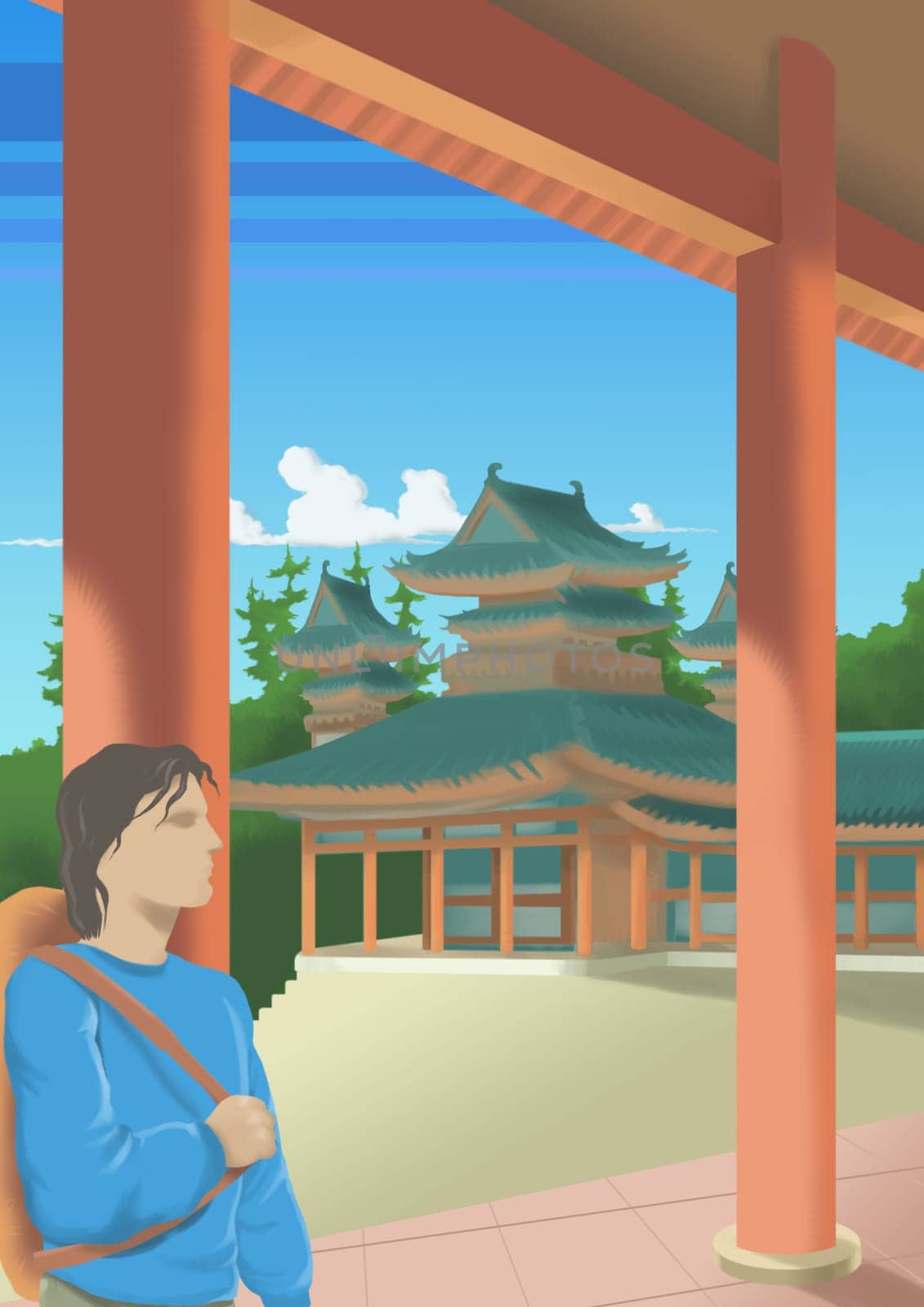 Young man standing in front of a pagoda