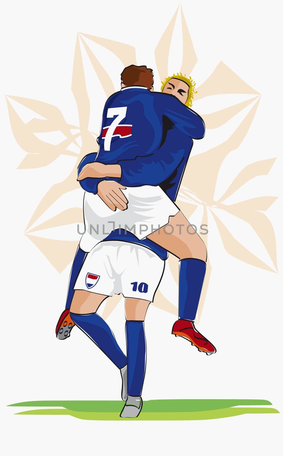 Two soccer players hugging each other