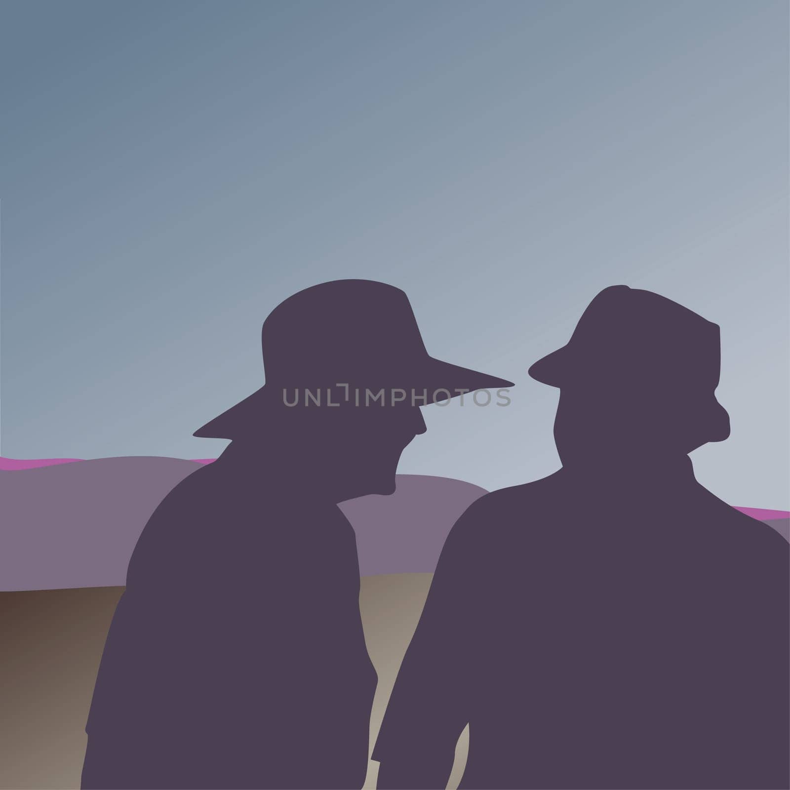 Silhouette of two men talking to each other