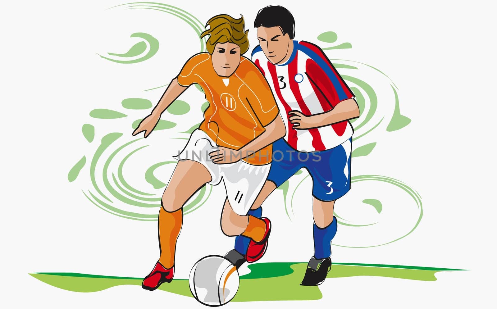Two soccer players running after ball