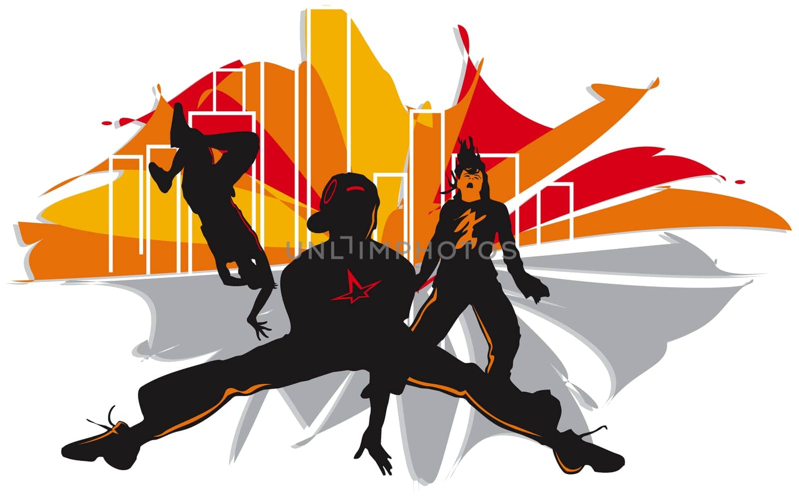 Silhouette of three people breakdancing
