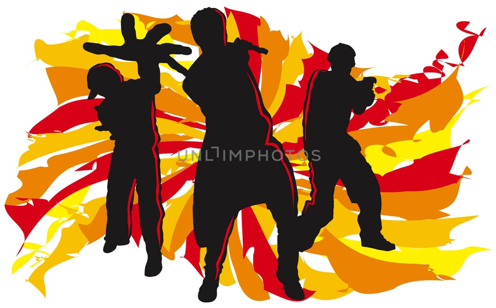 Silhouette of three people breakdancing