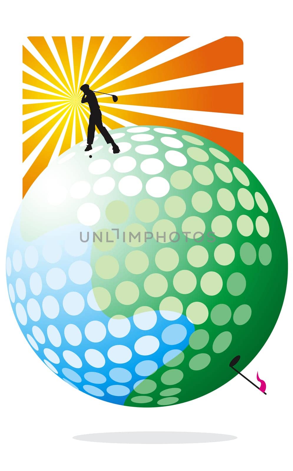 Person standing on golf ball and swinging golf club
