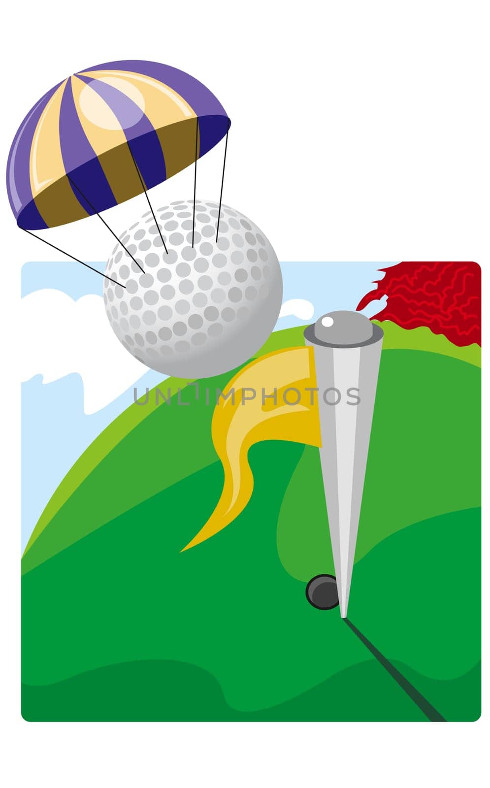 Golf ball attached to a parachute above a golf course