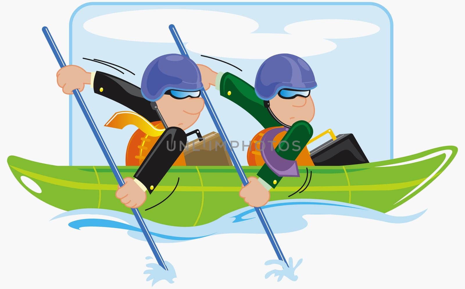 Two businessmen rowing a boat