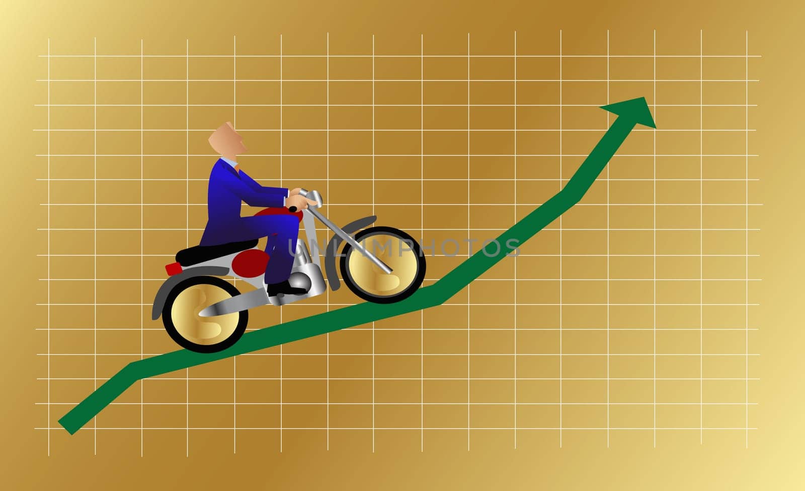 Businessman riding a motorcycle on a line graph