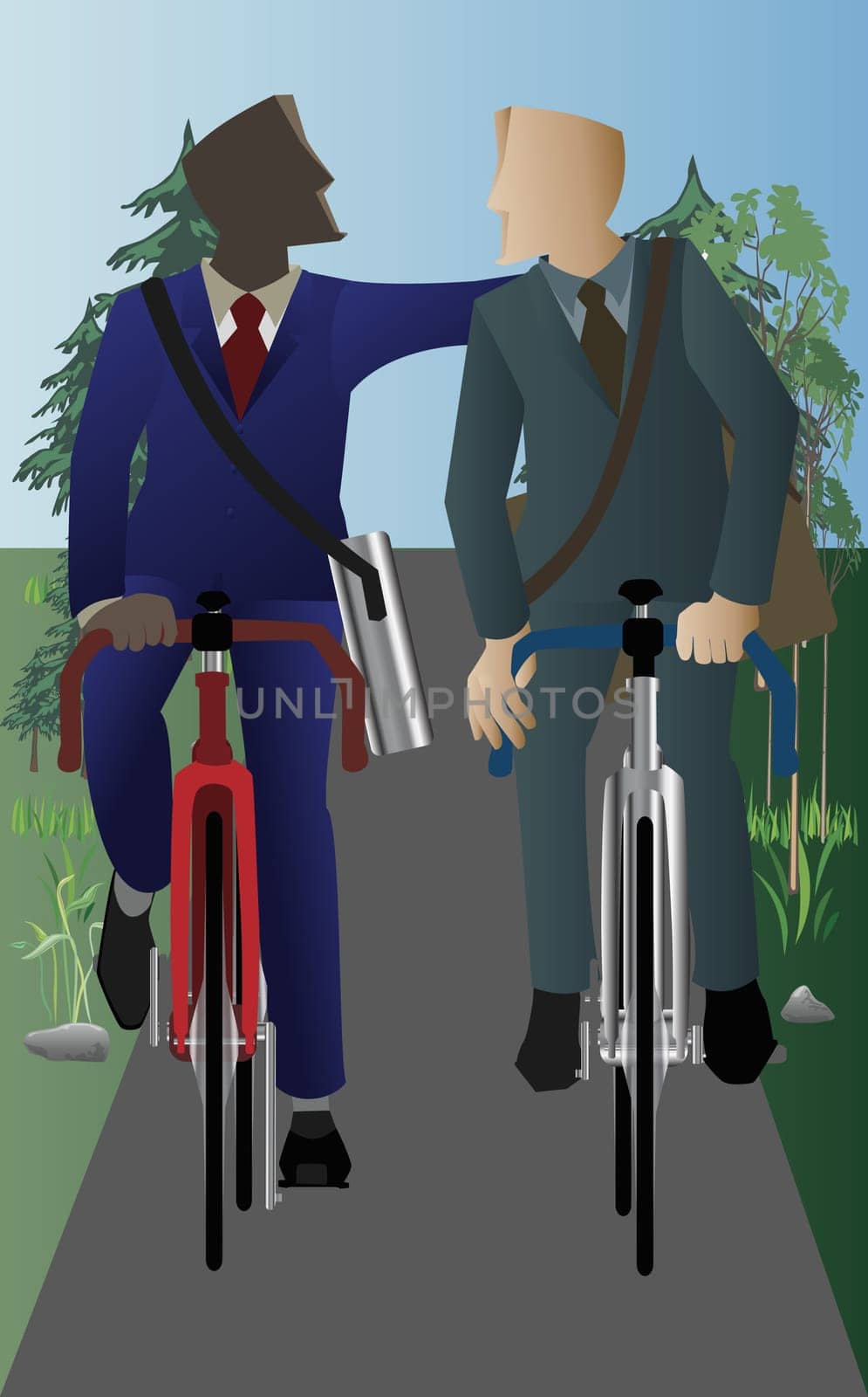 Two businessmen cycling on the road