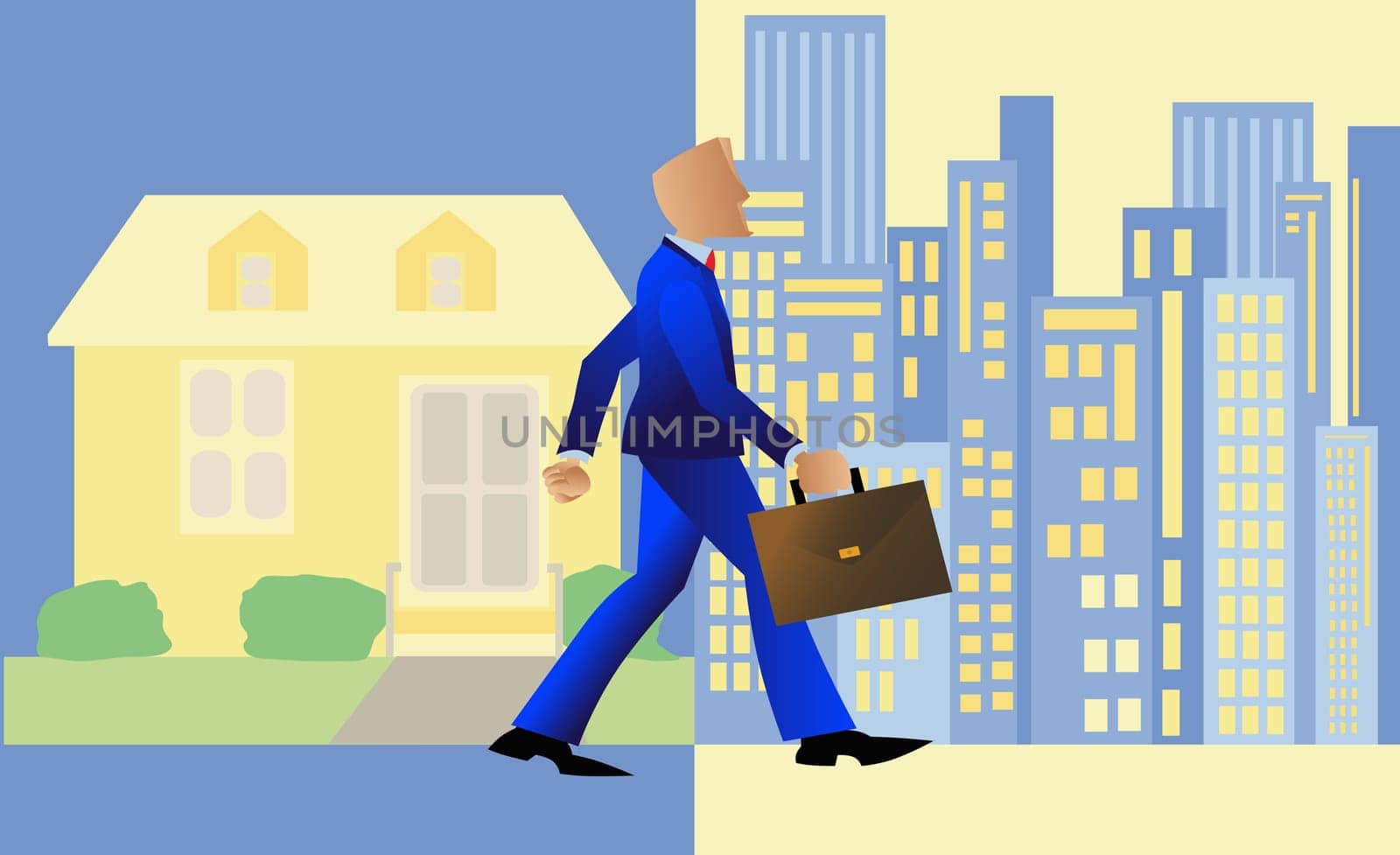 Businessman walking with a briefcase from a town into a city