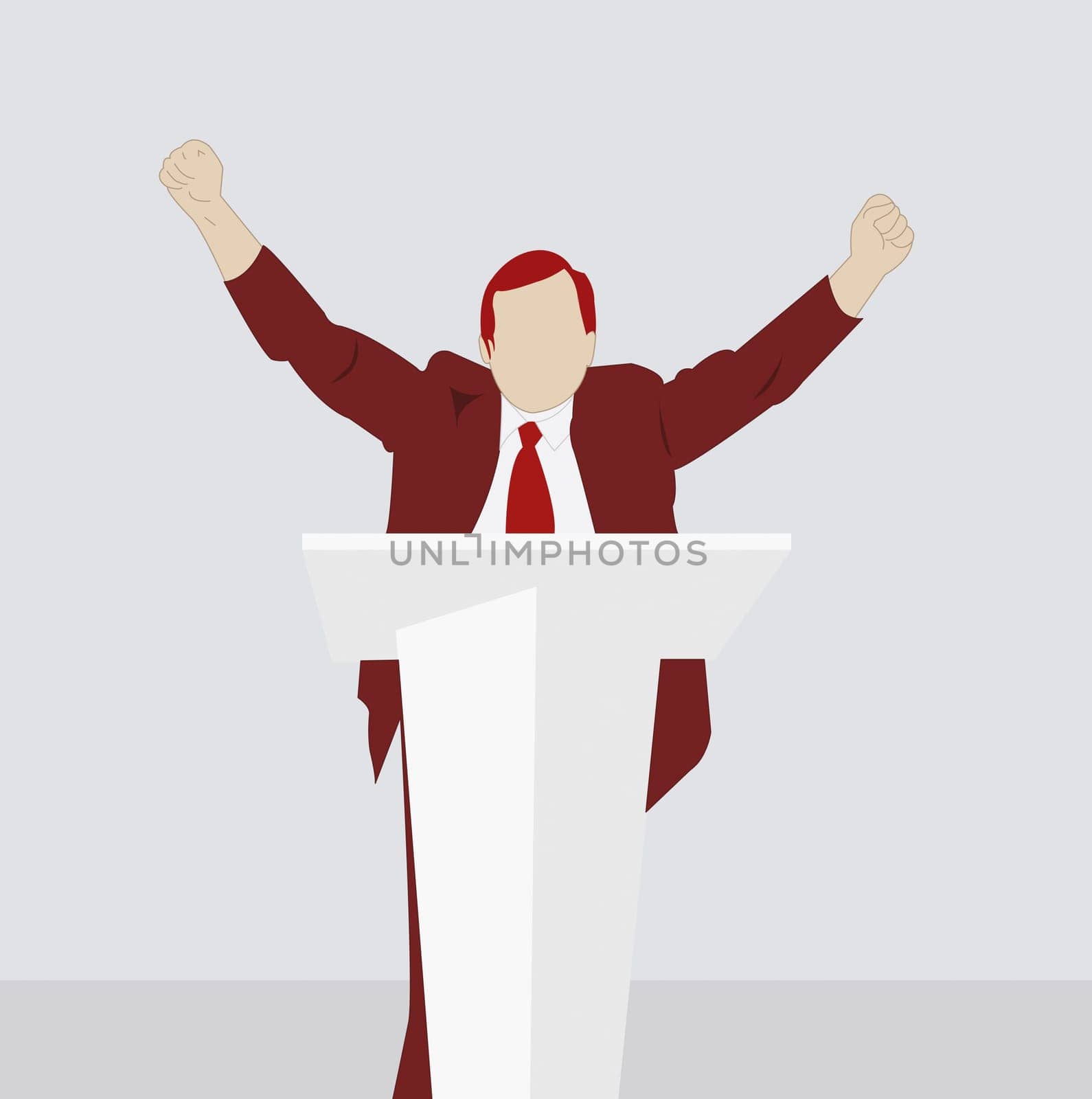 Businessman at a podium with arms raised