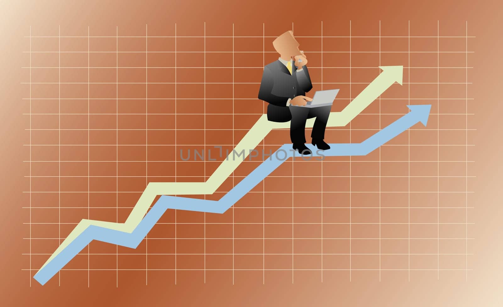 Businessman sitting on a line graph and using a laptop