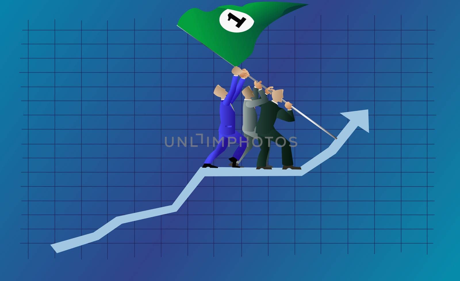 Three businessmen walking up on a line graph
