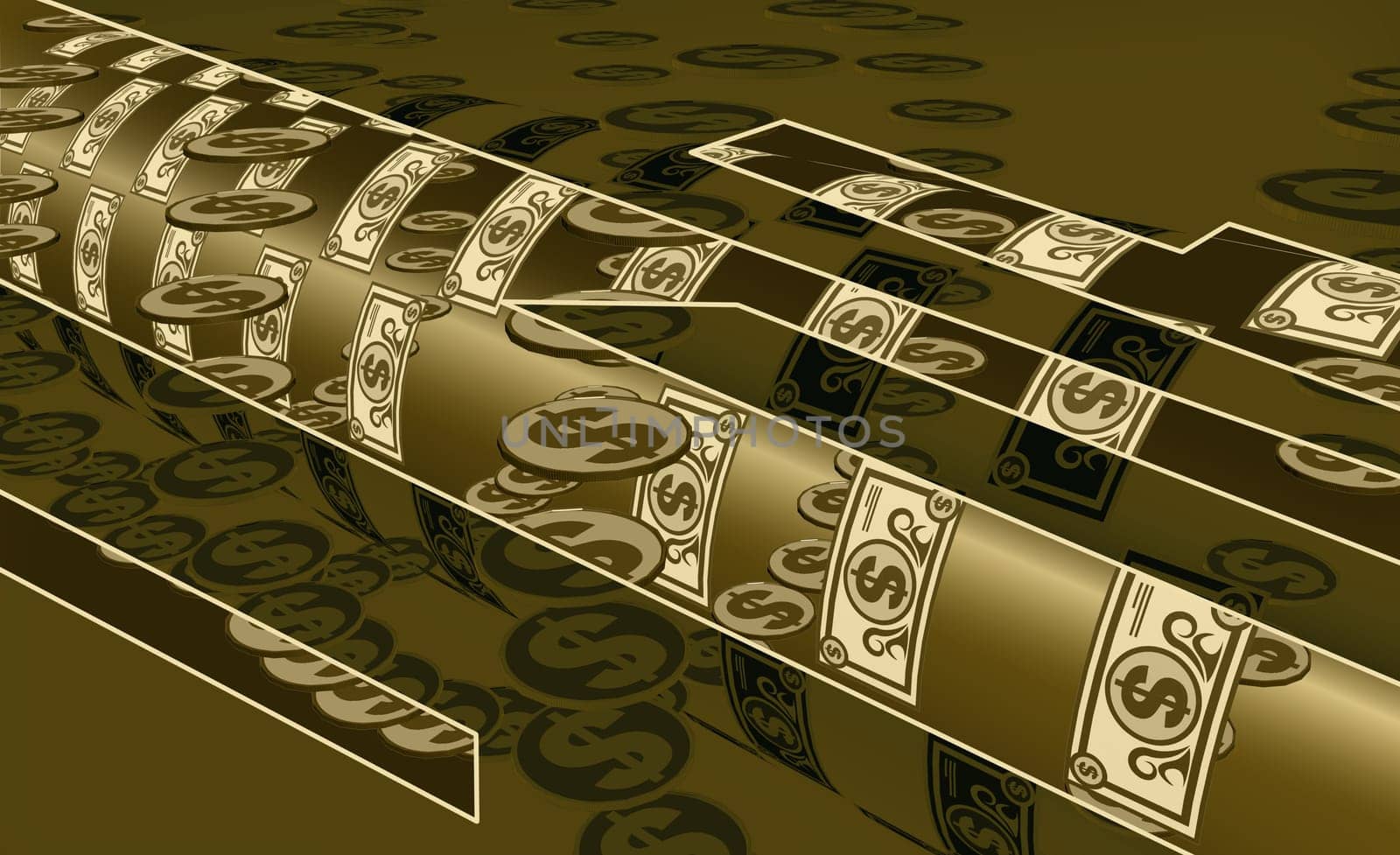 Paper currency with dollar coins