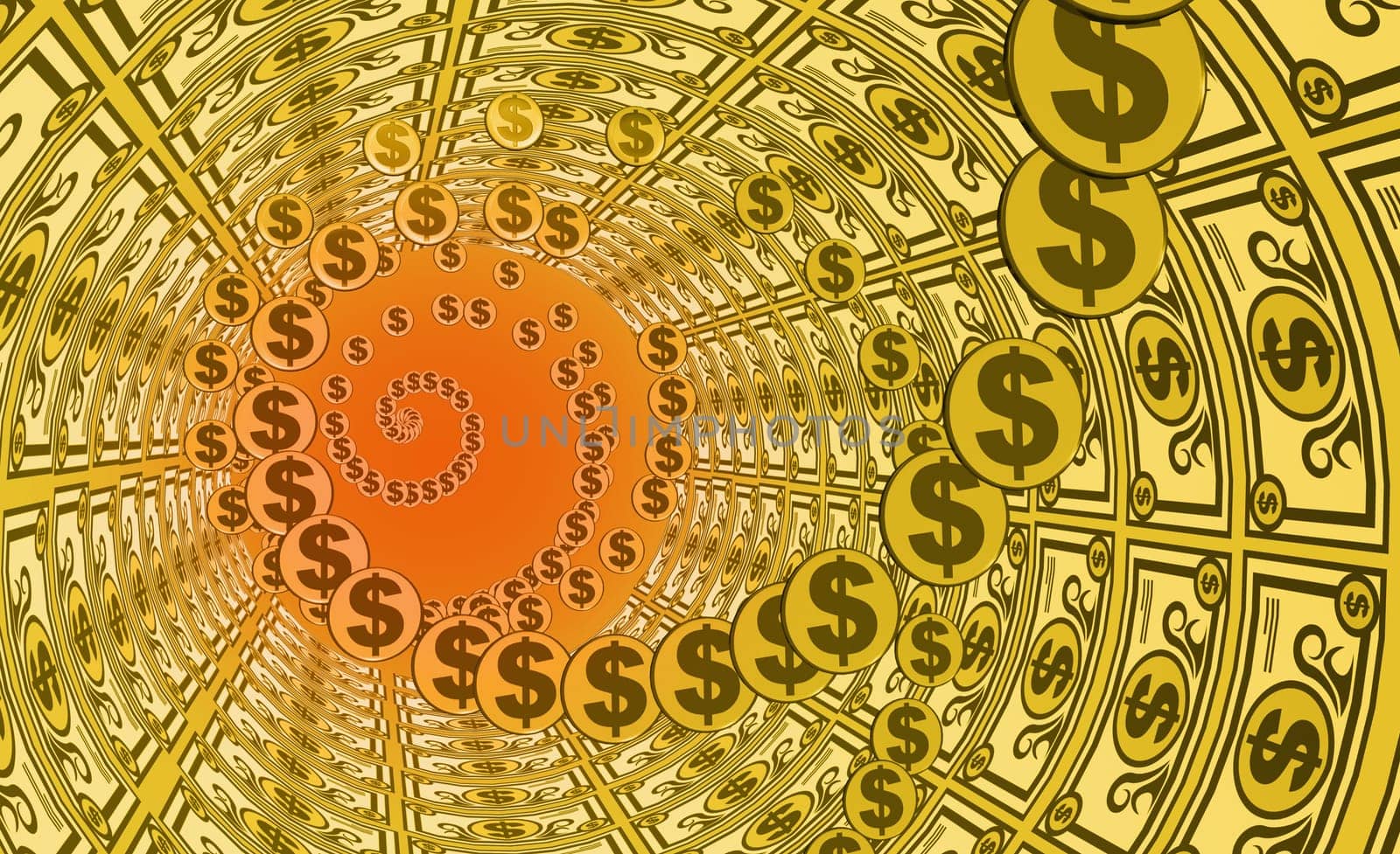 Paper currency with dollar coins in a pattern