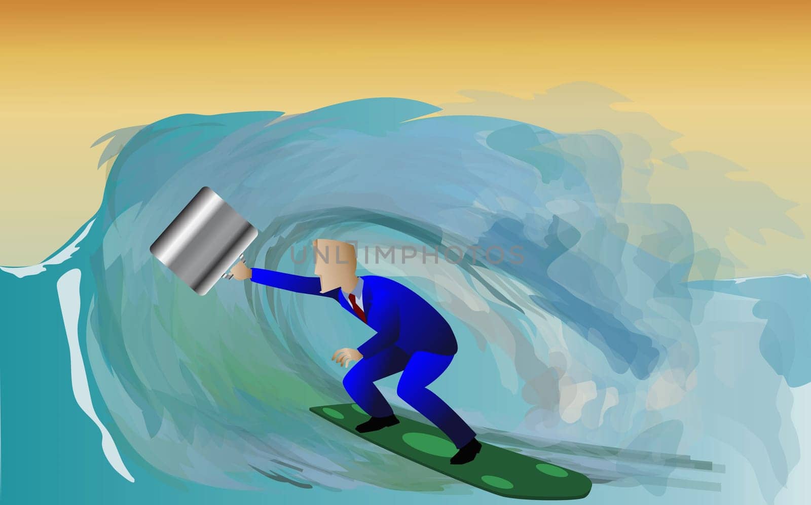 Businessman surfing on a surfboard