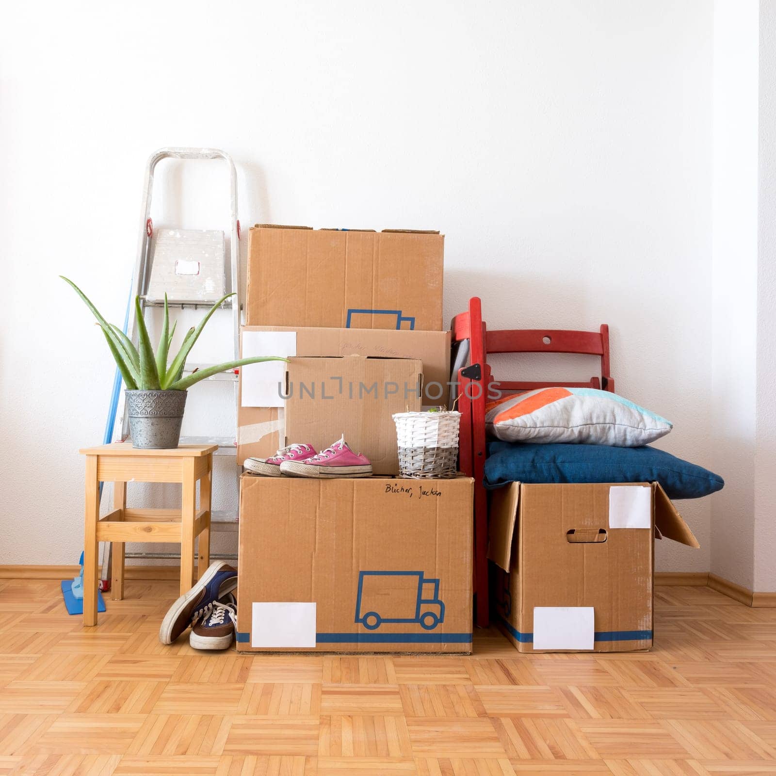 Move. Cardboard boxes, cleaning stuff and things for moving into a new home