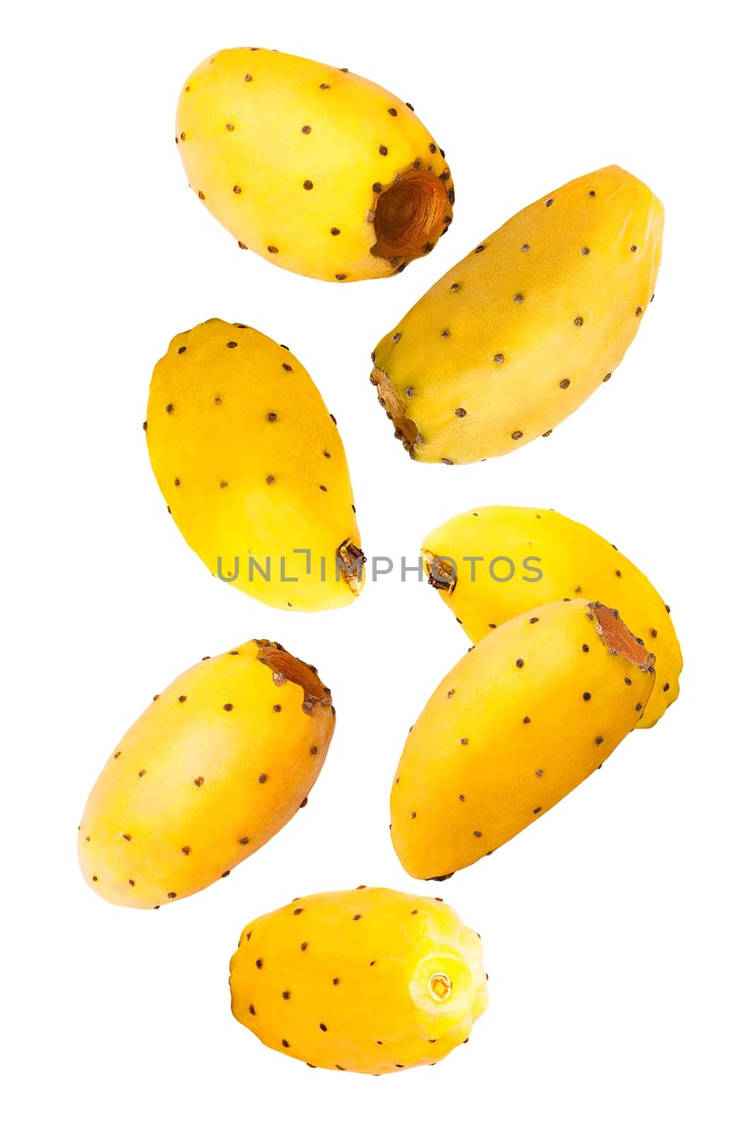 Flying whole fruits. Isolated flying opuntia fruits for packaging and advertisement. Full depth of field. Clip art image for package design. Food levitation concept. High resolution image