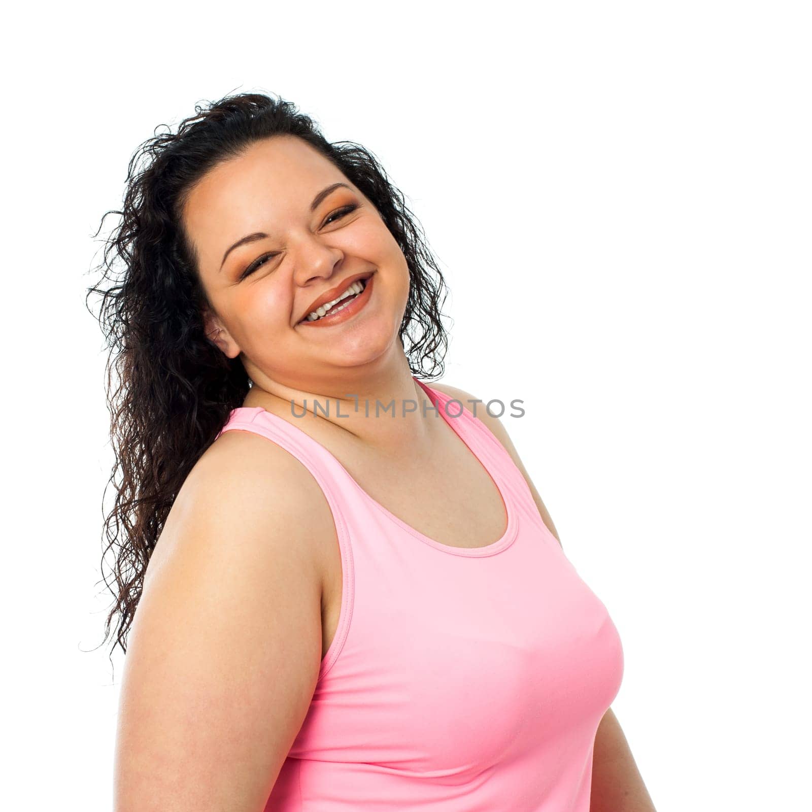 Portrait of laughing obese teen girl. Isolated on white background.