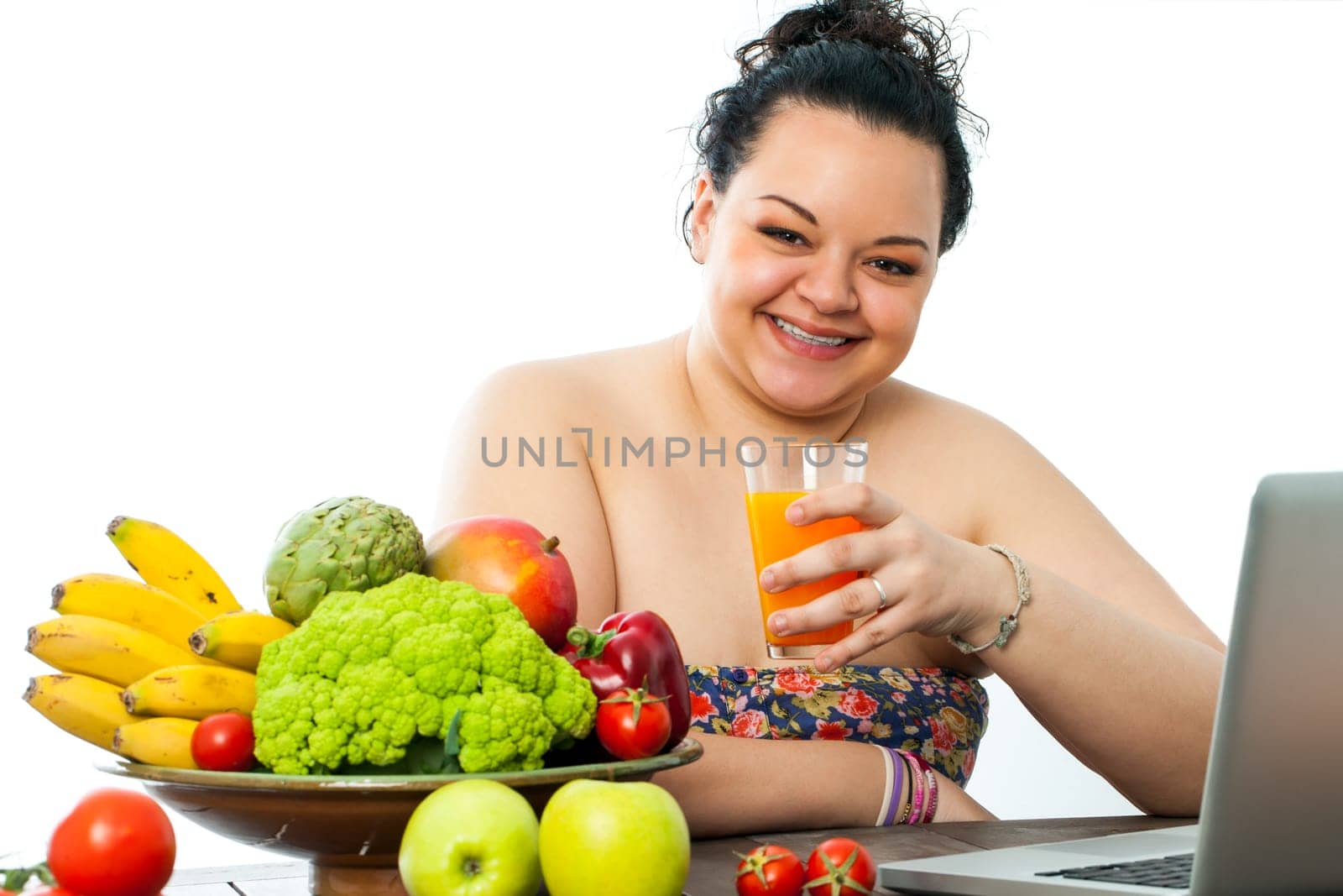 Overweight teen with organic food bowl and fruit juice.Isolated on white background.
