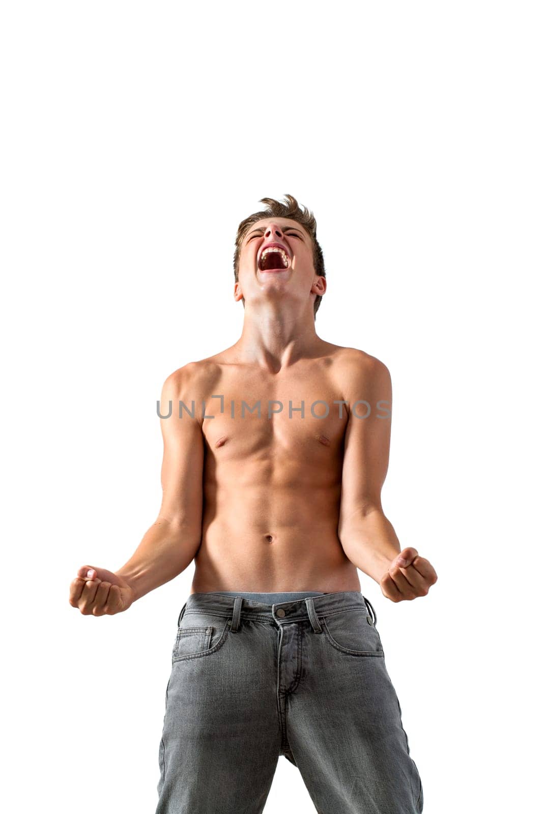 Portrait of Teen boy screaming of frustration.Isolated on white background.