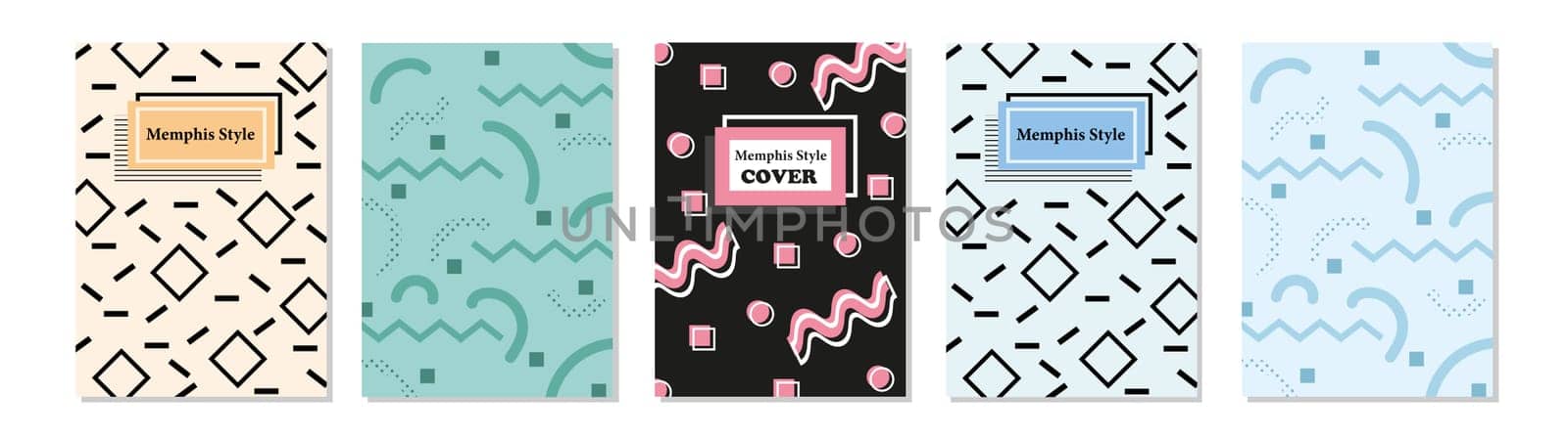 Set of Memphis Style Covers. Flat Vector Illustrations for Background, Brochures, Posters and Banners Template