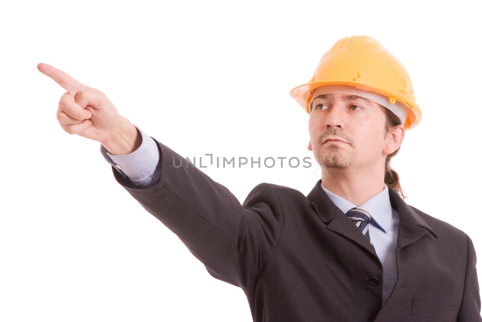 Engineer with yellow hat, pointing forward - isolated on white