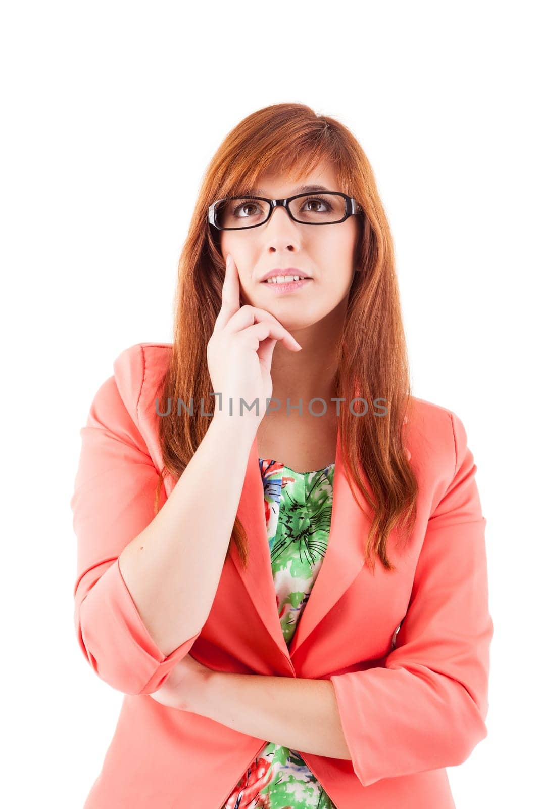 Nice young woman with red hair posing on white background