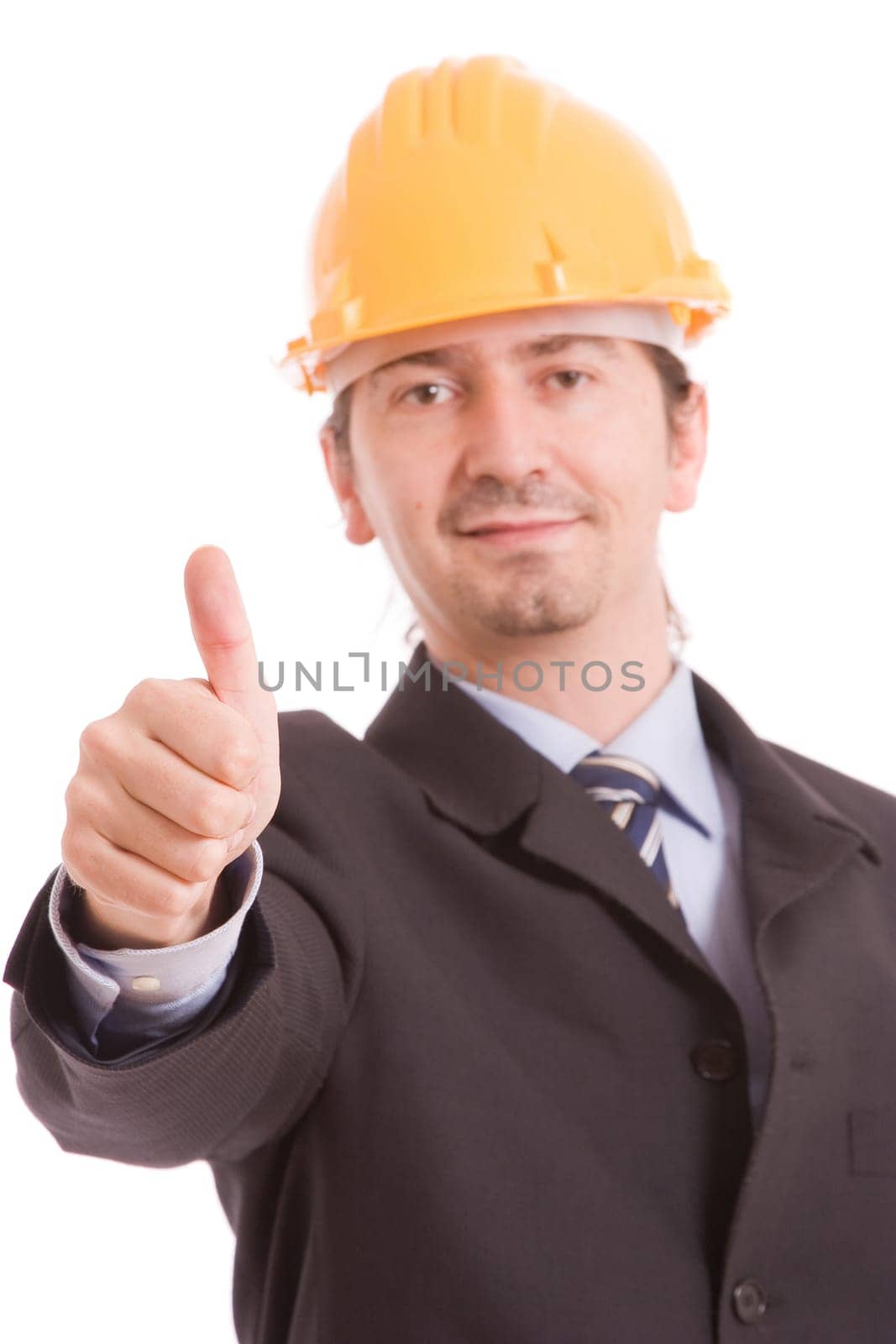 Business man showing thumb up, isolated over white
