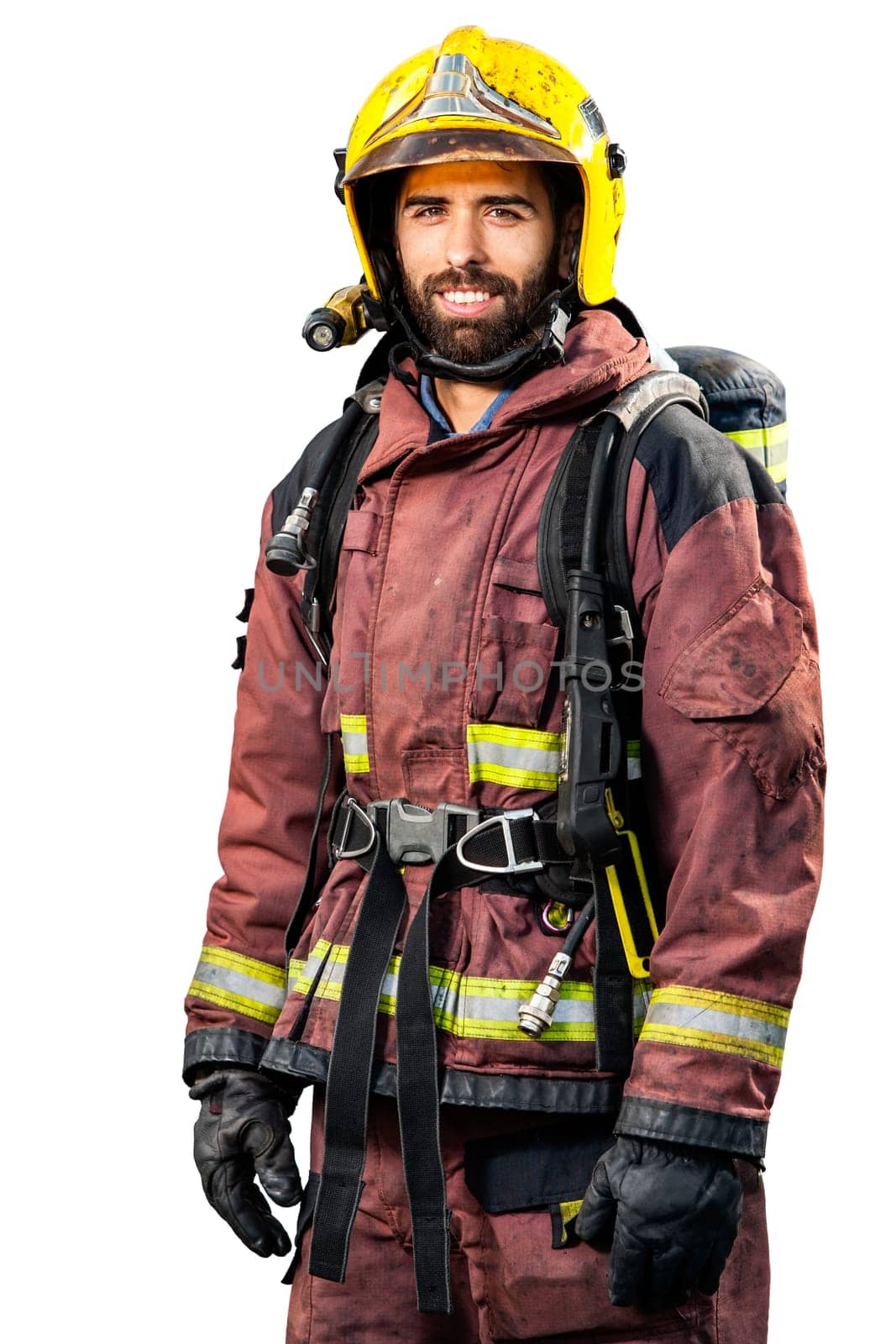 Fireman in fire fighting gear isolated on white background.