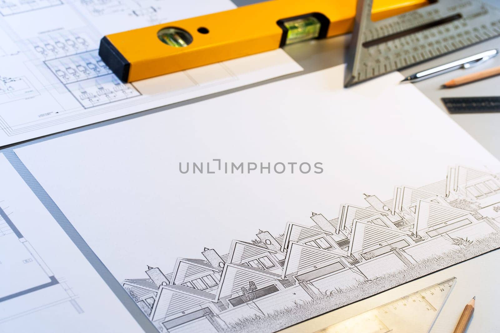 Close up of architectural design plans with measuring objects.