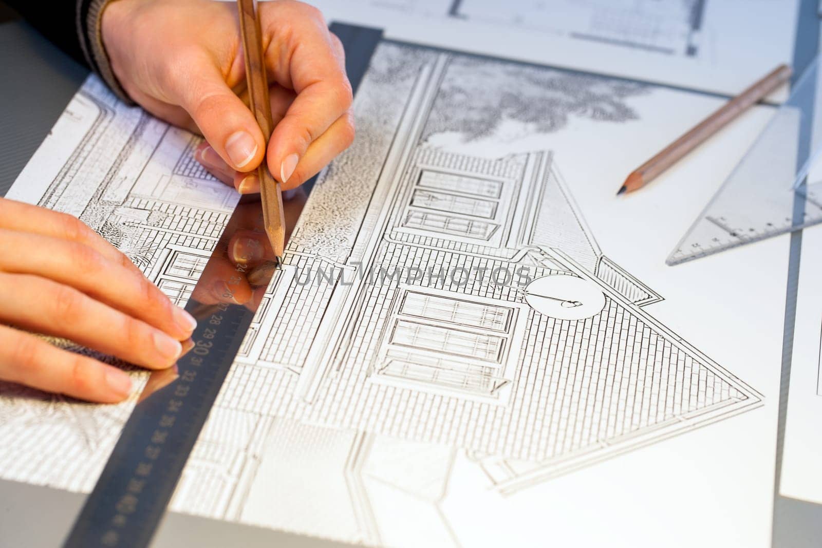 Extreme close up of human hands working on house plan project with pen and ruler.