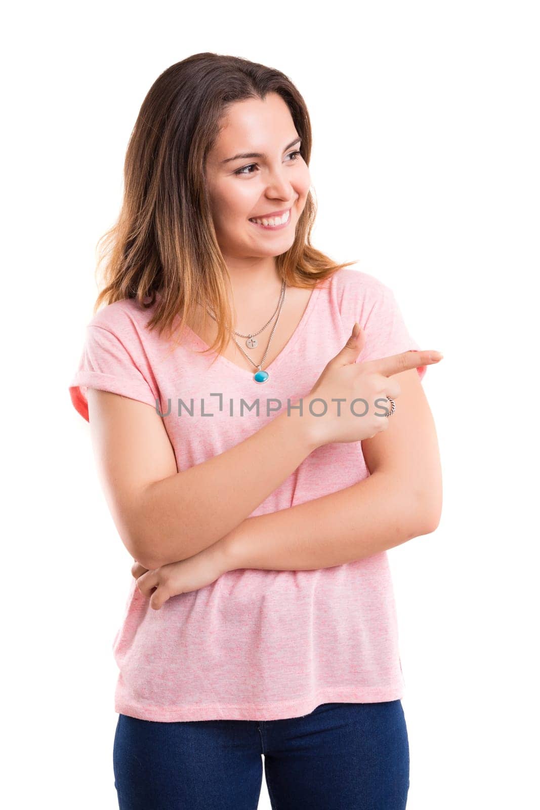 Young beautiful woman presenting your product, isolated over white background