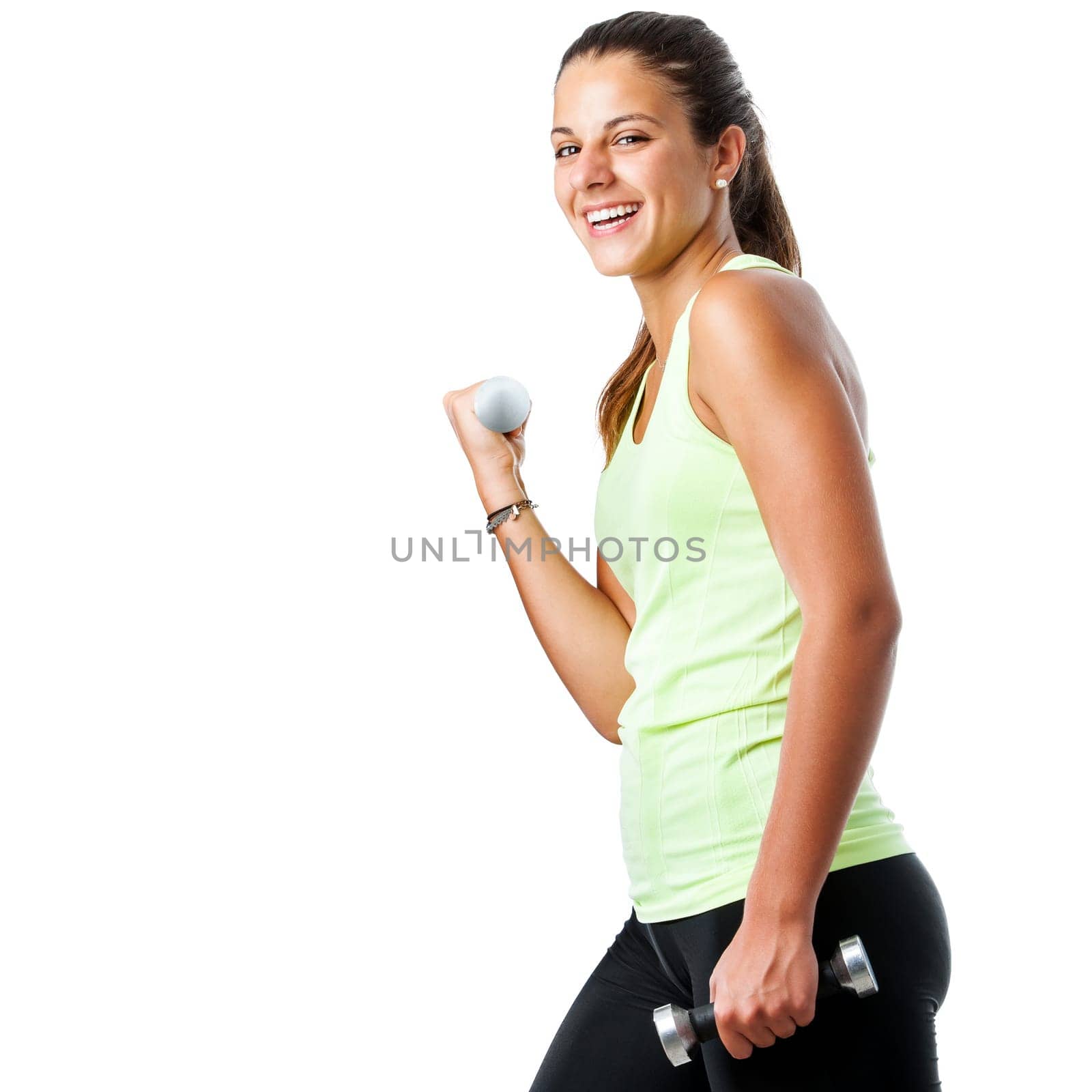 Close up portrait of attractive young girl doing aerobic workout with dumbbells. Isolated on white background.