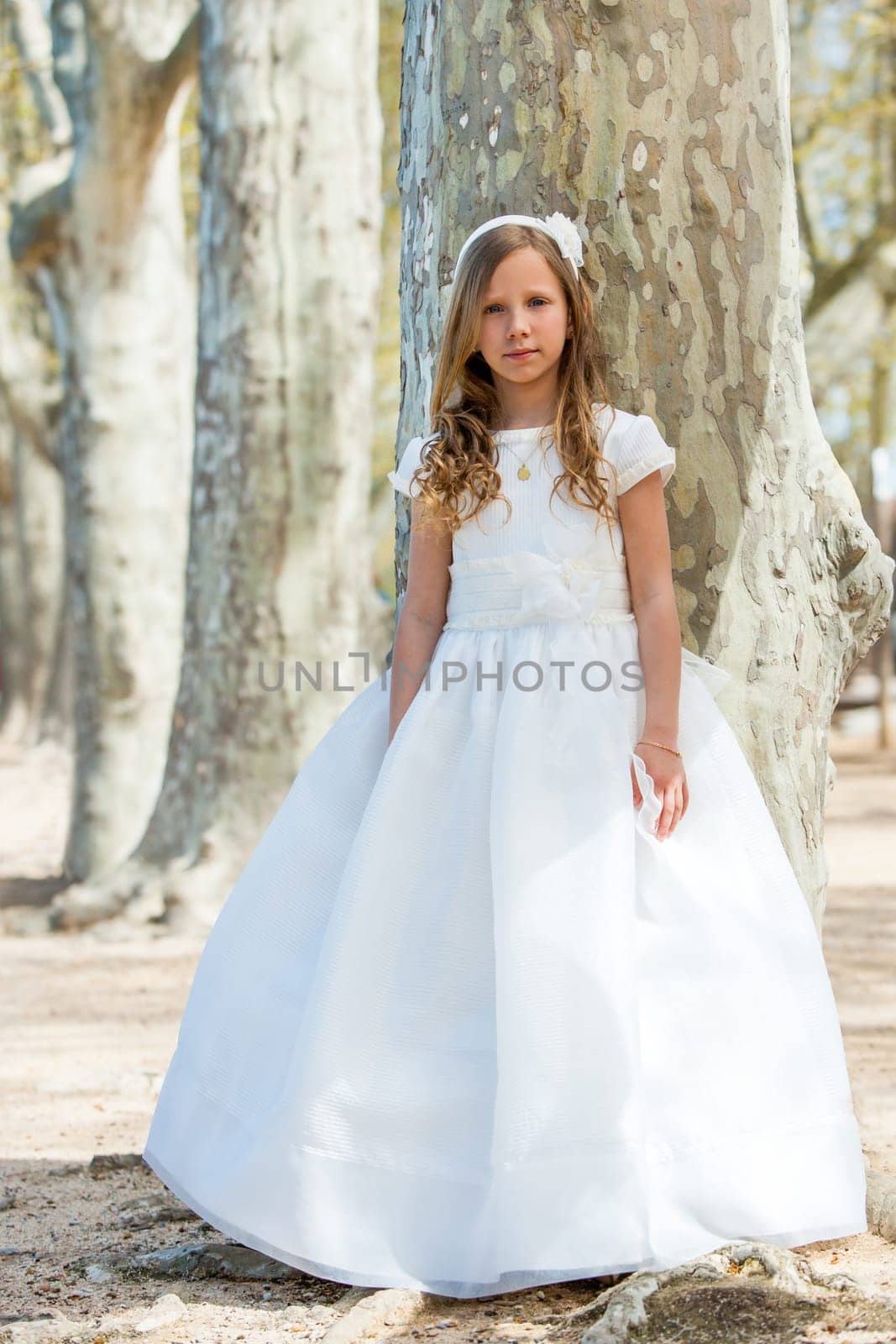 Full length portrait of cute girl in white dress in forest.