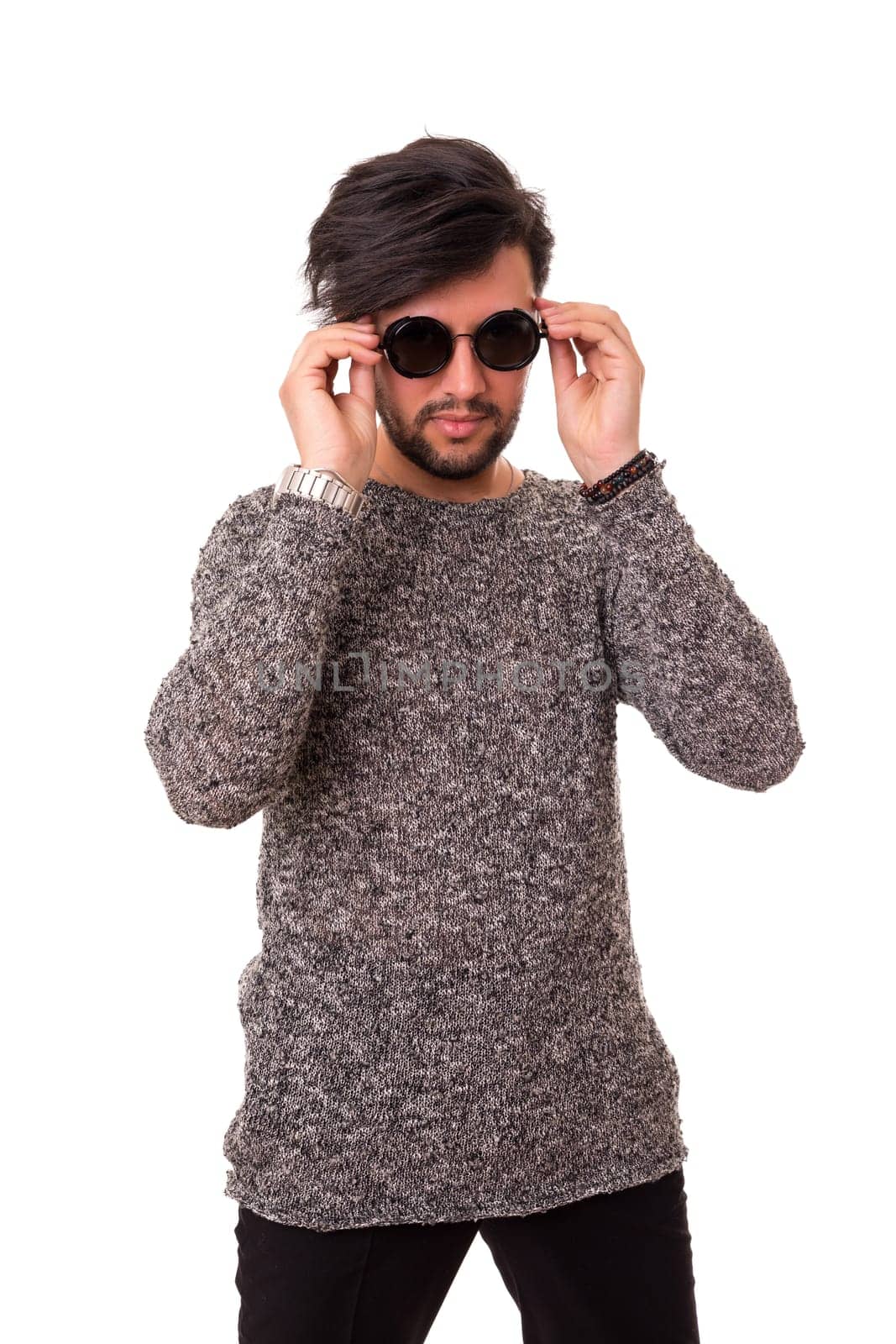 Studio shot of one handsome man with sunglasses