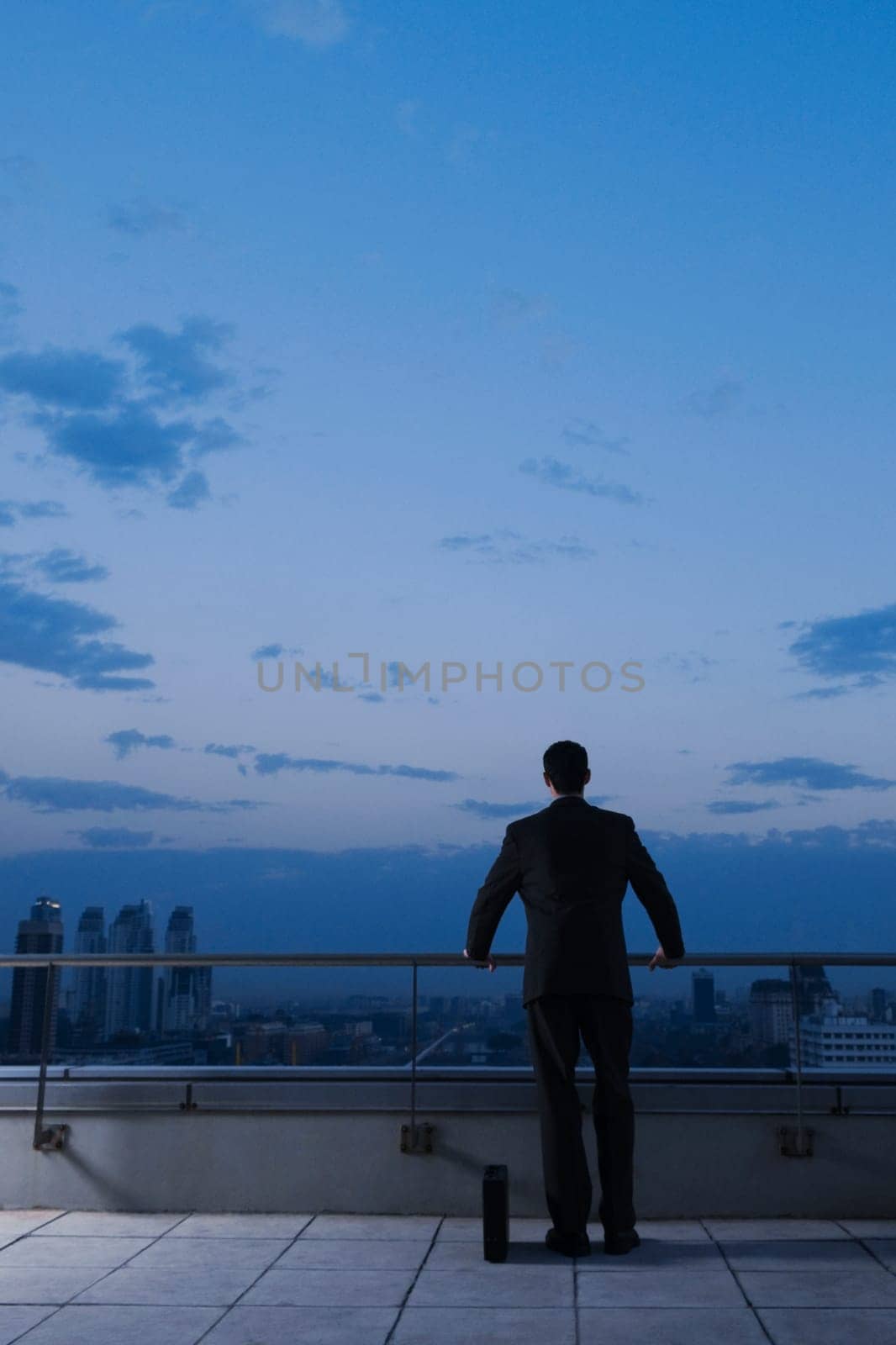 Rear view of a businessman holding a railing