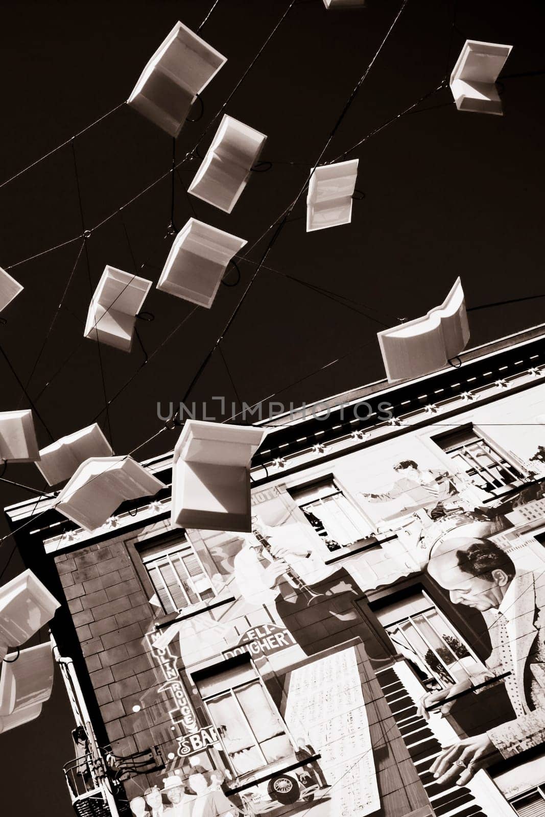 Sculpture in front of a building, Language Of The Birds, North Beach, San Francisco, California, USA