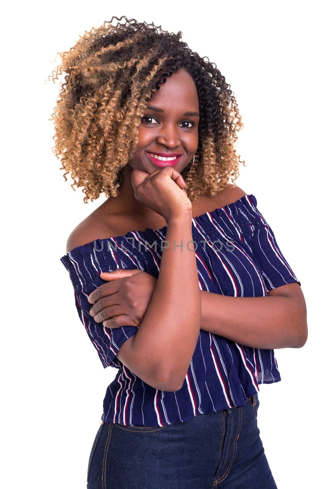 Beautiful young african woman posing isolated over white