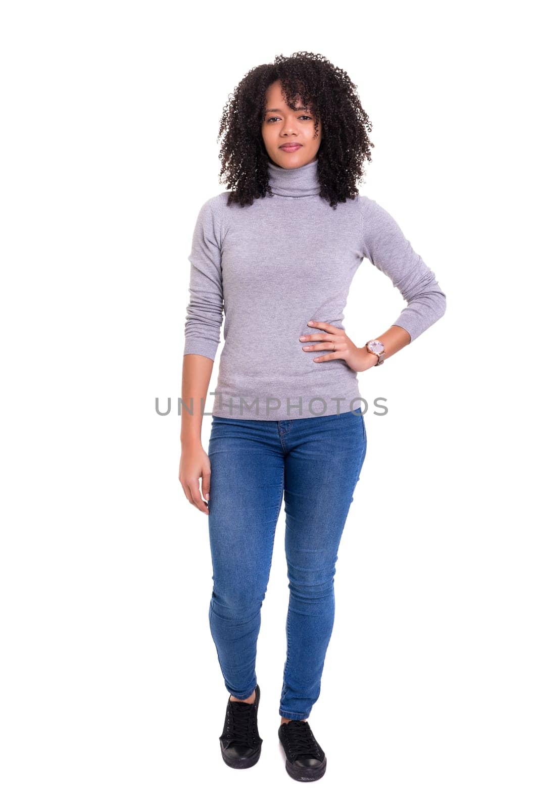 Beautiful young african woman posing isolated over white