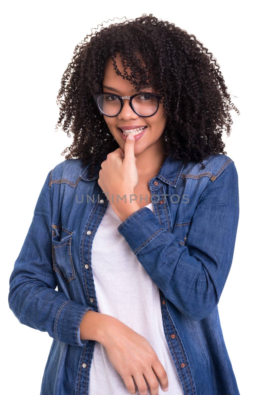 Beautiful young african woman posing isolated over white
