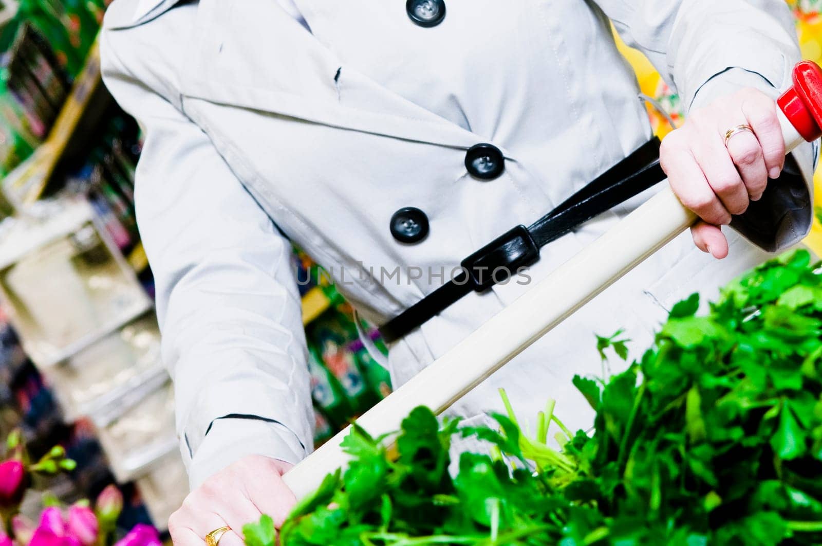 Woman pushing a shopping cart of vegetables
