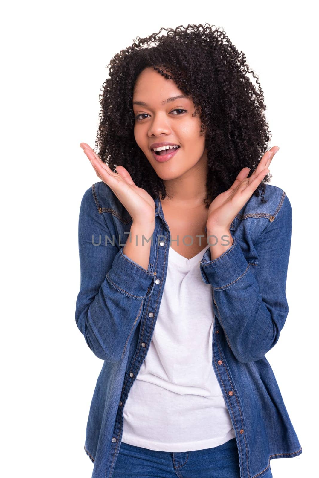 A very surprised woman, isolated over a white background