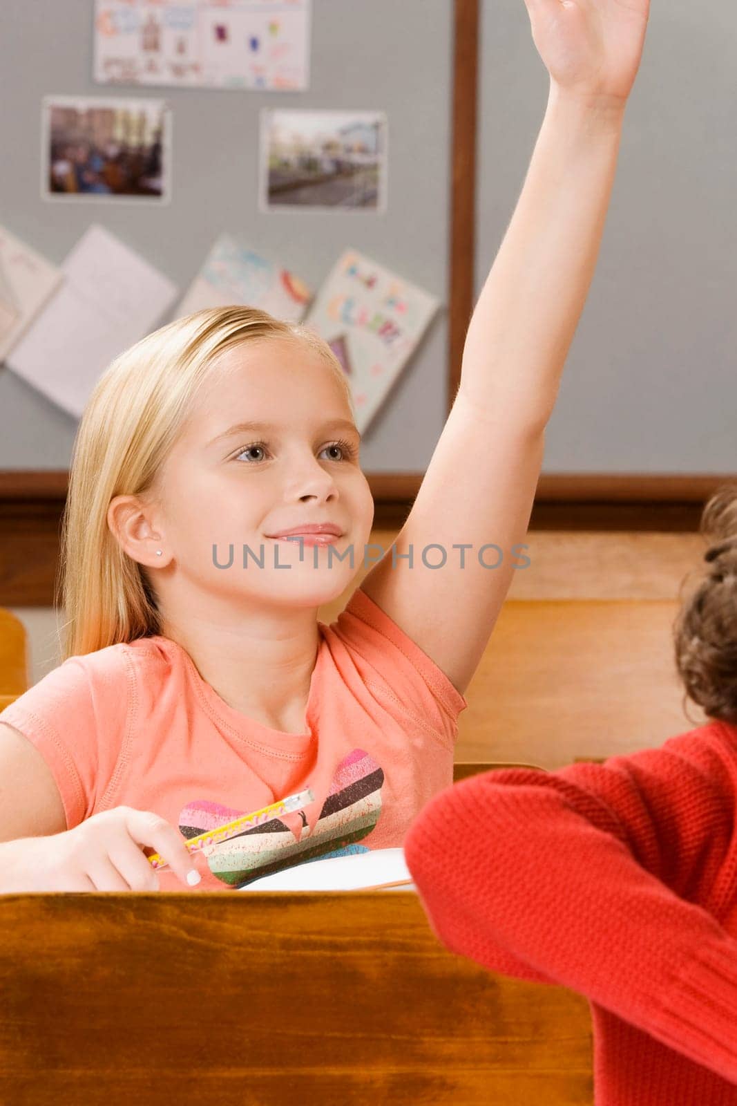 Schoolgirl raising her hand in a classroom